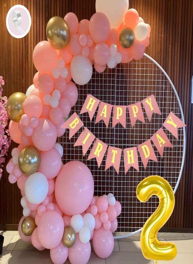 Flyloons 2nd Birthday Decoration Items Pink and White Theme Combination for Girls Princes | 30 Pcs Pink White Gold Balloons | Pink Happy Birthday Paper Banner | Arch Tape - Image 1